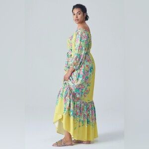 NWT Anthropologie 1X Eliora Off the Shoulder Flowy Maxi Dress Floral Lime Green